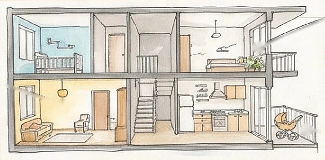 Watercolour cutaway of a two-storey family home with a nursery, kitchen, stairs and balcony