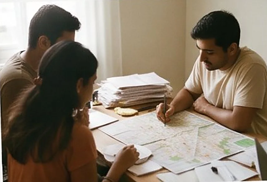A young Indian couple at a table studying a neighbourhood map and a stack of papers