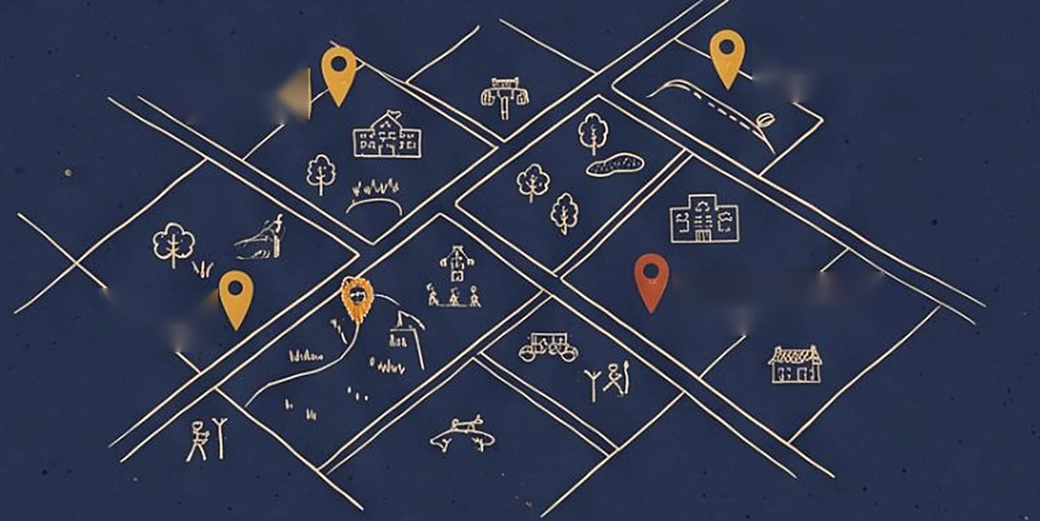 Hand-drawn map of neighbourhood blocks with a school, parks, a clinic and the road to work